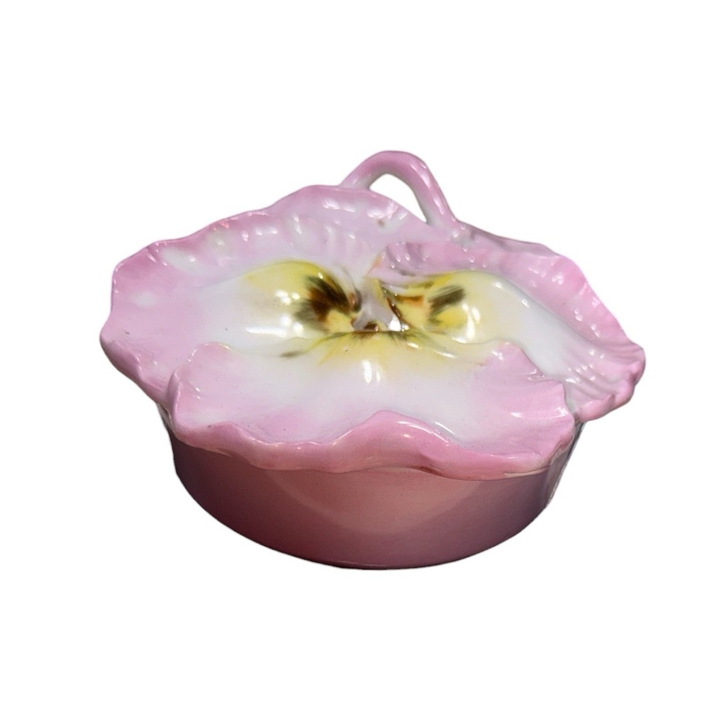 Porcelain Pansy Trinket Box –‎ Sculpted Floral Lid – 5.25"